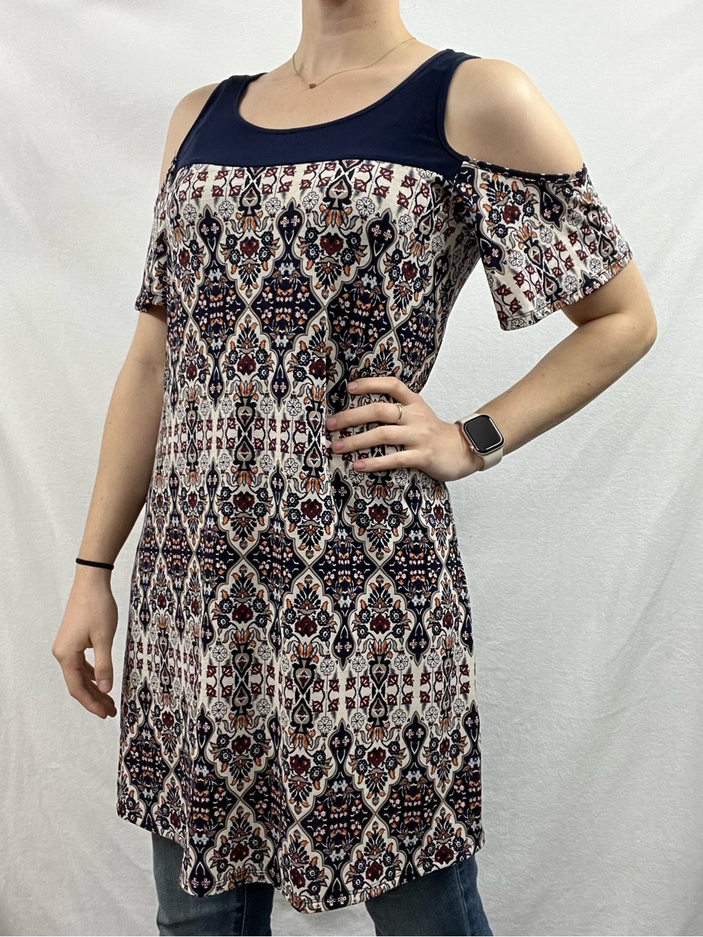 NAIF Navy and Cream One-Shoulder Patterned Tunic Dress